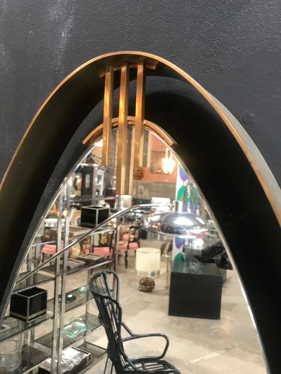 Oval Wall Mirror with Iron Floating and Brass Style Frame. Italy, 1970s