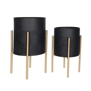 S/2 Diamond Planter On Metal Tand, Blk/Gld