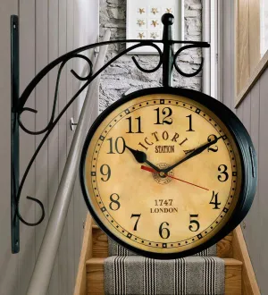 SAREE HOUSE 12 Inches Metal Analog Vintage Double Sided Station Clock (Black)
