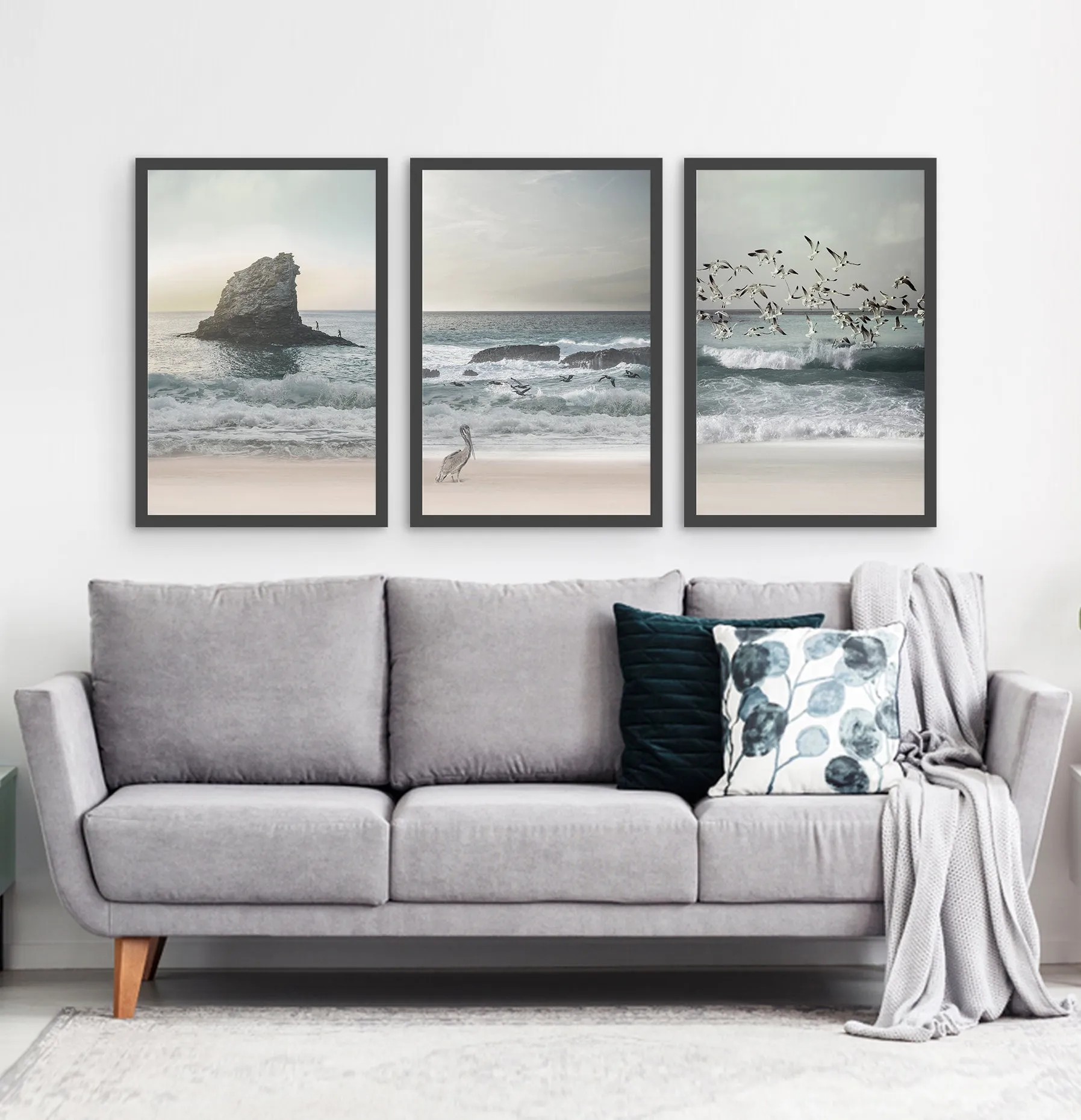 Stormy Ocean With Cliffs, Pelican and Seaguls. Set of 3 Framed Posters