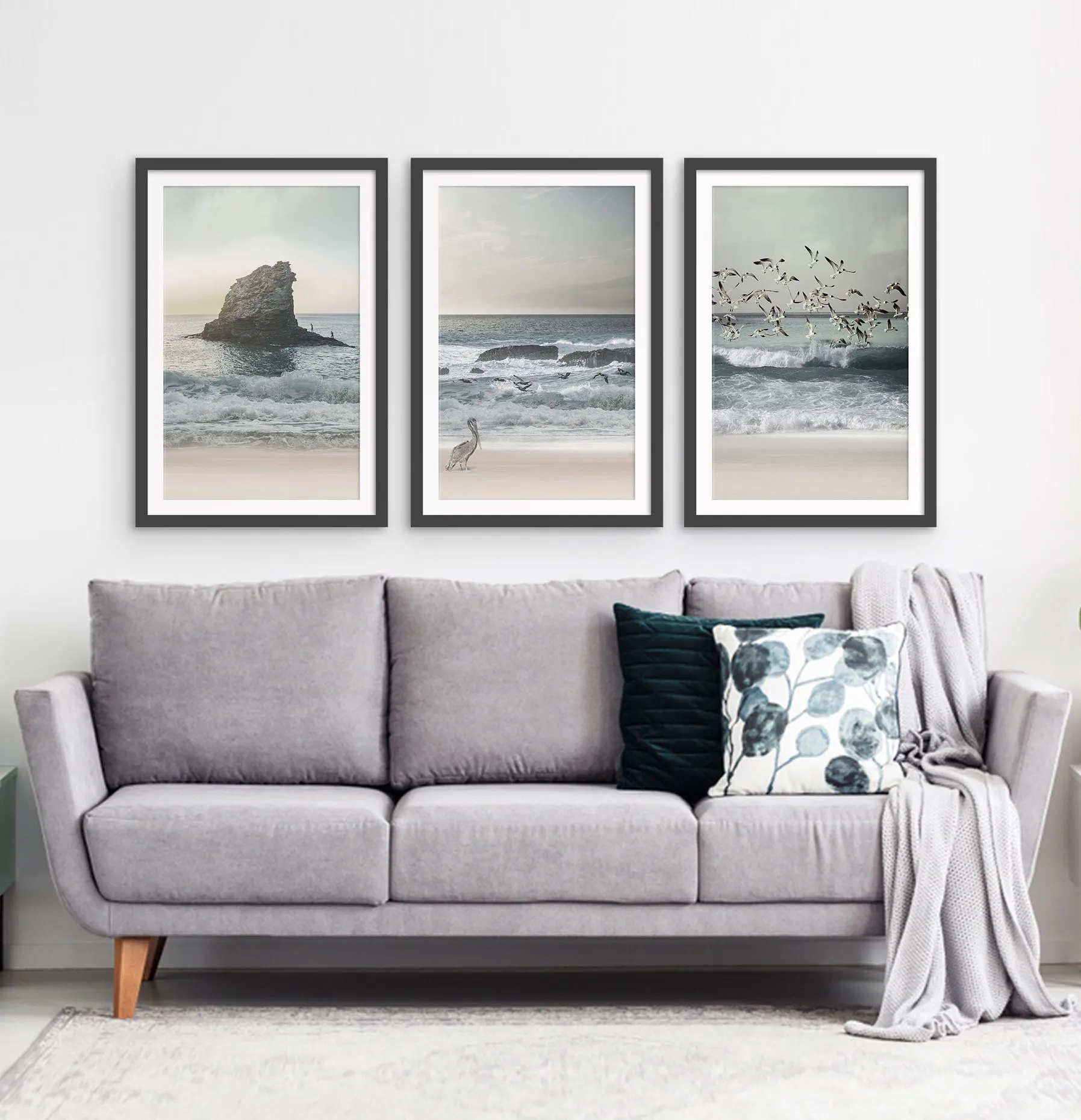 Stormy Ocean With Cliffs, Pelican and Seaguls. Set of 3 Framed Posters