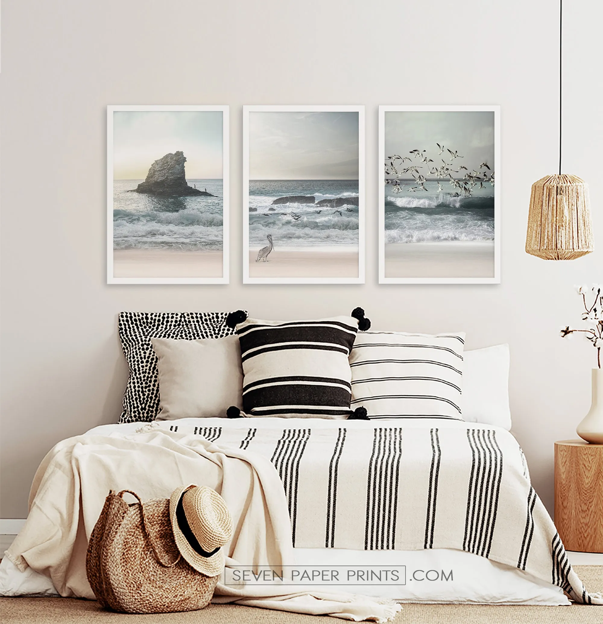 Stormy Ocean With Cliffs, Pelican and Seaguls. Set of 3 Framed Posters