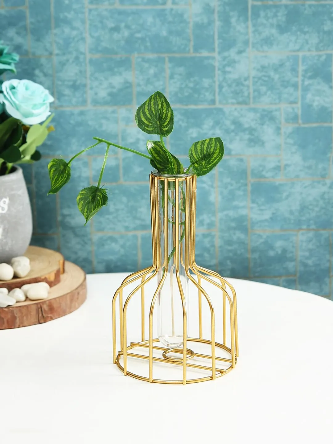 TIED RIBBONS Propagation Station with Metal holder Glass Test Tube Flower Pot Vase for Home Decor Office Living Room Bedroom Dinning Table Gift Decoration Items (Gold, 20.3 cm x 15.2 cm)