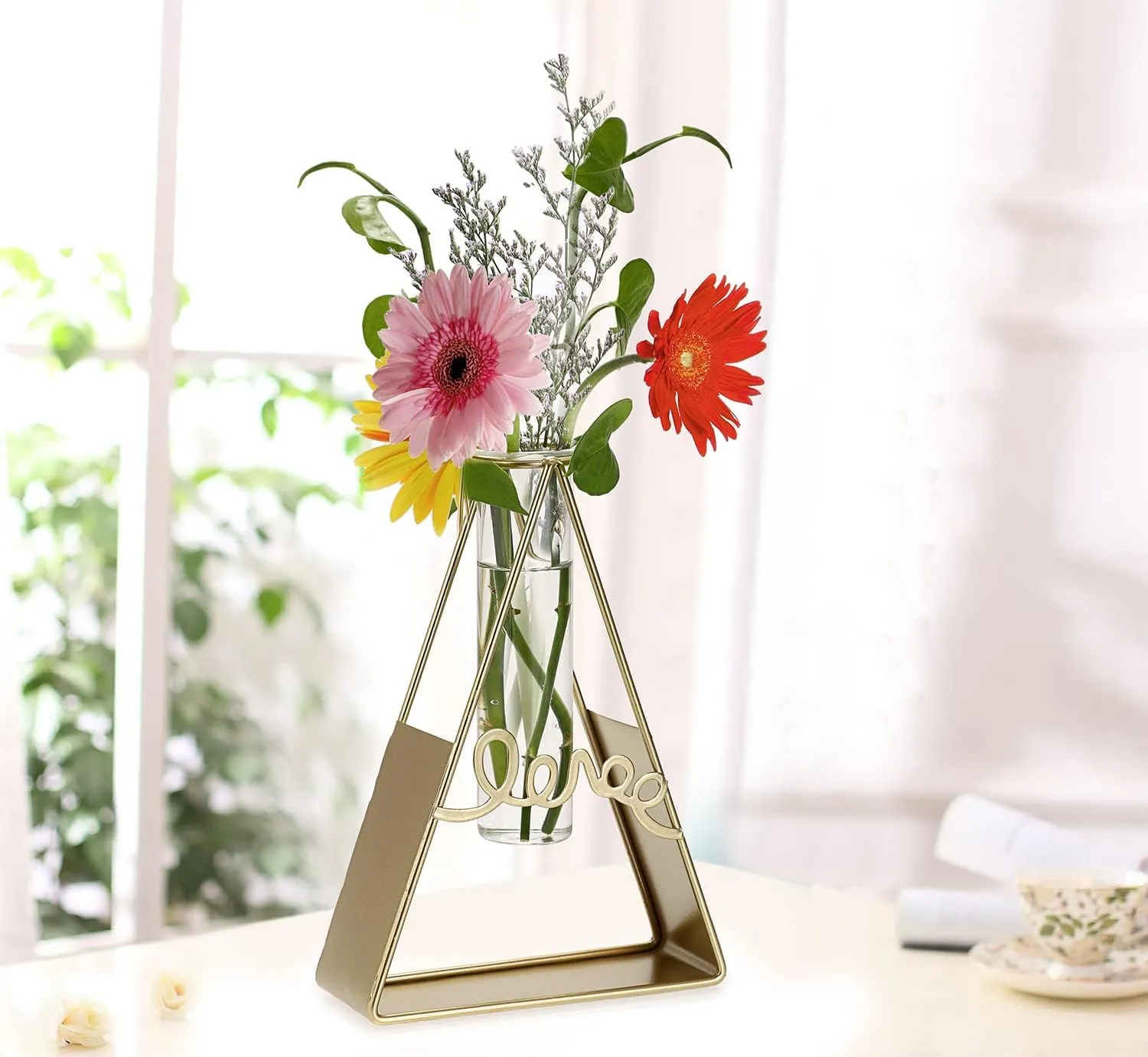 TIED RIBBONS Set of 2 Metal Frame Test Tube Glass Flower Vase Planter for Plants Home Decor Living Room Bedroom Hall Kitchen Office Table Top Desk Centerpiece Decoration Gifting Items