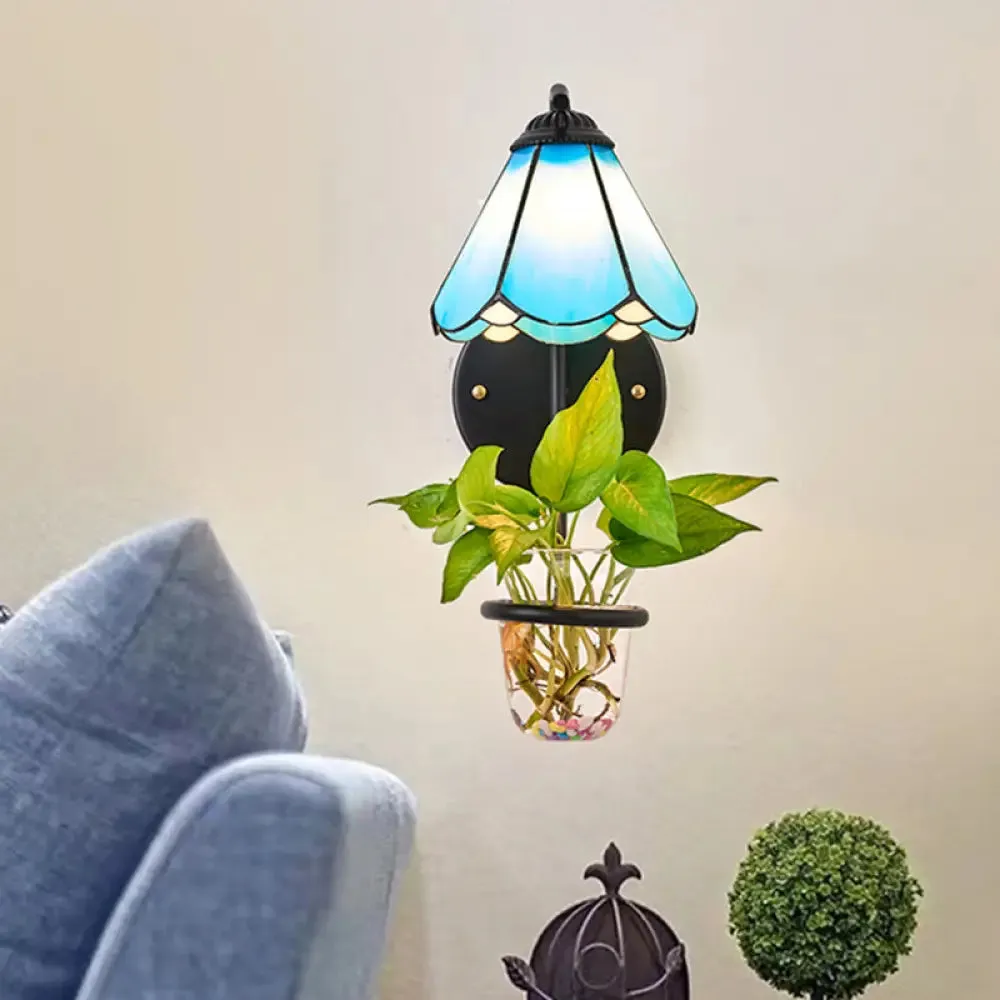 Tiffany Flower Blue/White Glass Wall Mounted Sconce with Plant Decoration - 1 Head Light Fixture
