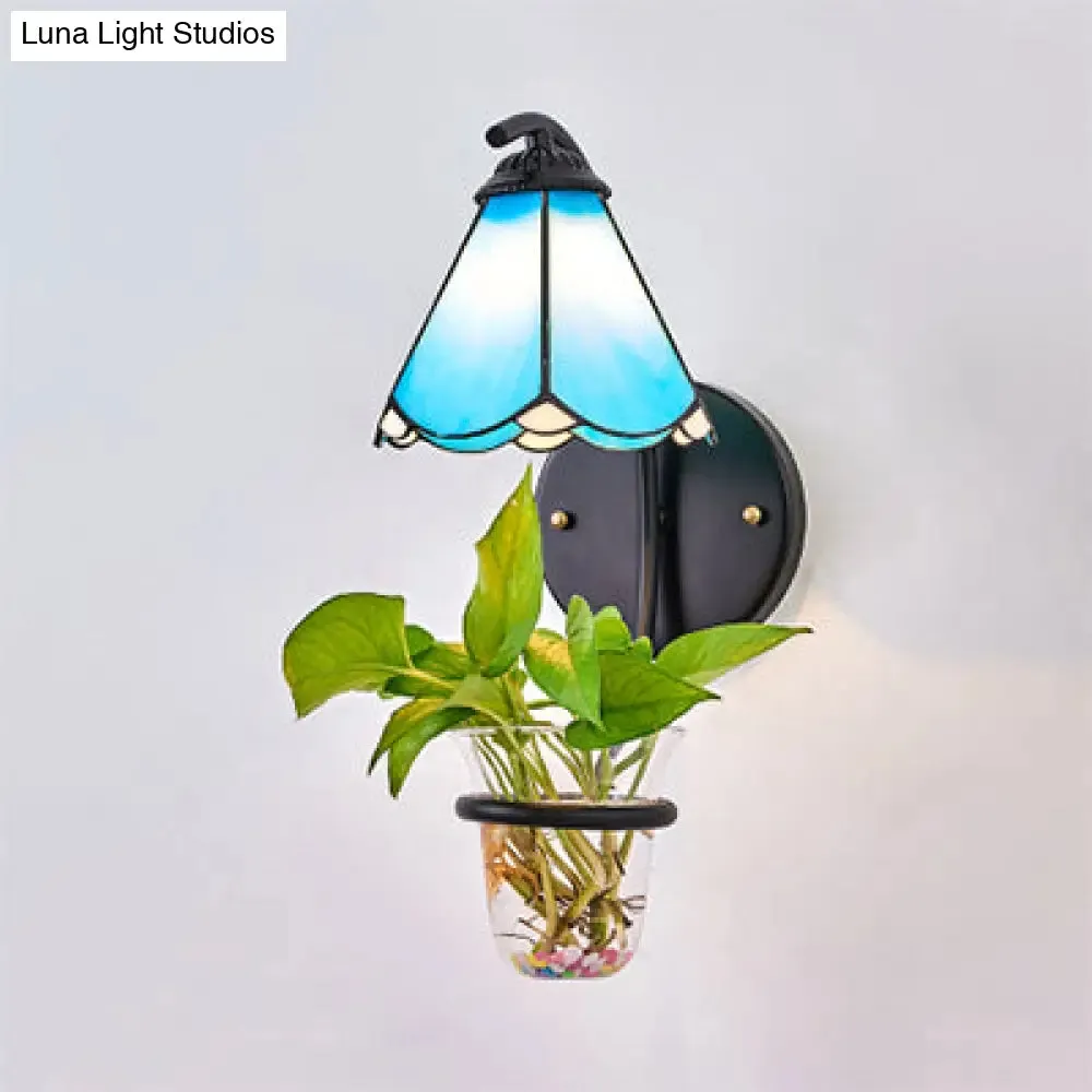 Tiffany Flower Blue/White Glass Wall Mounted Sconce with Plant Decoration - 1 Head Light Fixture