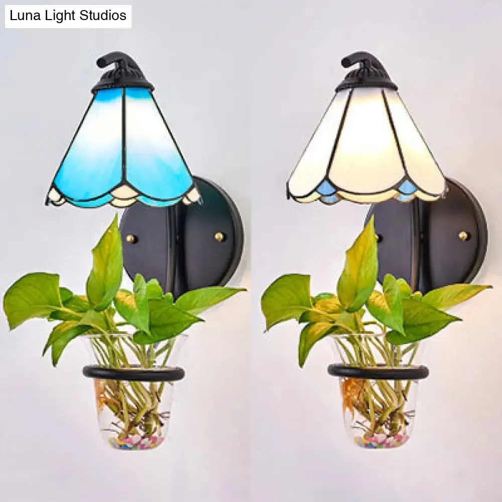 Tiffany Flower Blue/White Glass Wall Mounted Sconce with Plant Decoration - 1 Head Light Fixture