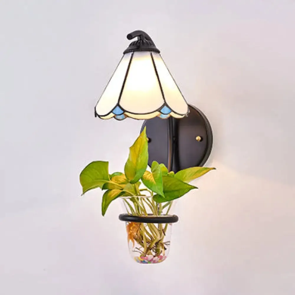 Tiffany Flower Blue/White Glass Wall Mounted Sconce with Plant Decoration - 1 Head Light Fixture