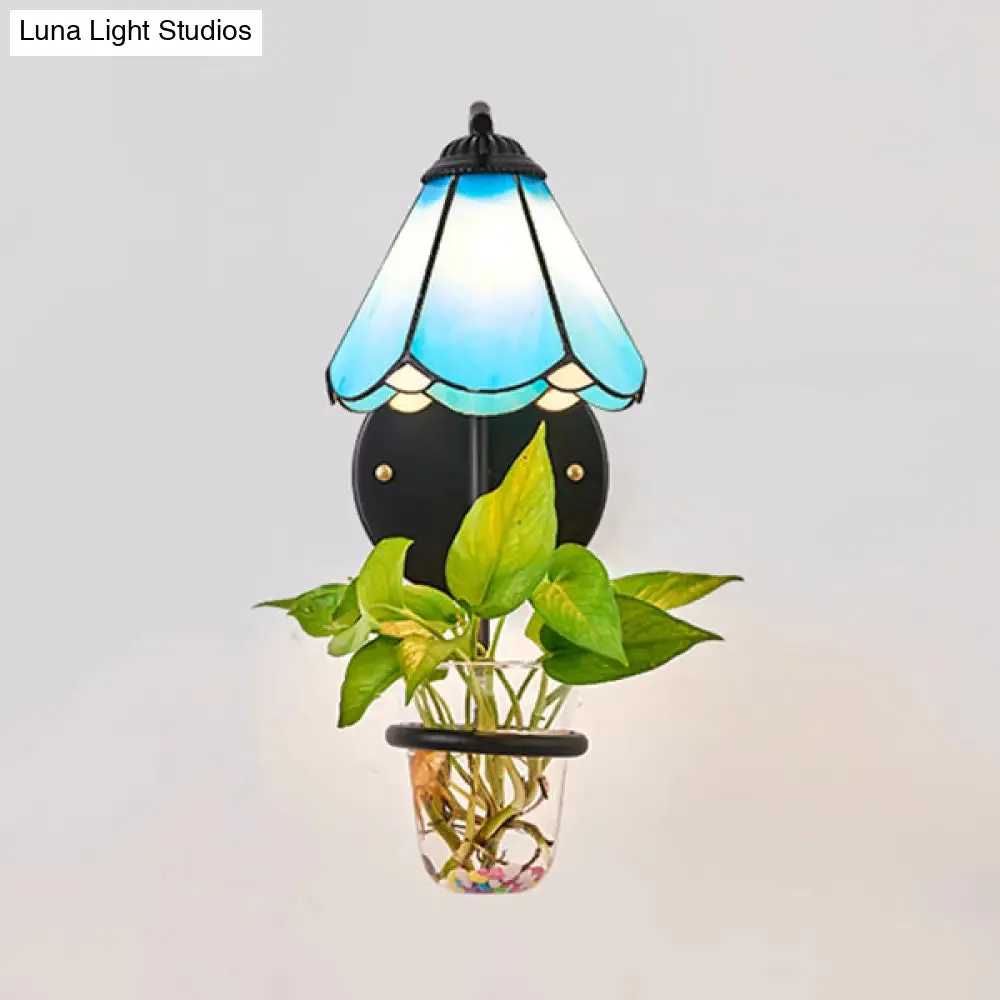 Tiffany Flower Blue/White Glass Wall Mounted Sconce with Plant Decoration - 1 Head Light Fixture