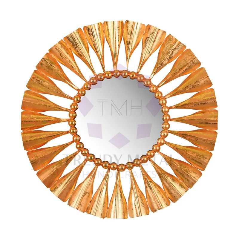Trendy Metal Handicrafts Iron Decorative Mirror Wall Mounted Hanging Mirror Sculpture Metal Golden Leaf Design Modern Art Mirror for Home Décor
