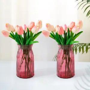 UMAI Glass Vase for Home Decor (2Pcs- 20cm) |Center Table Decorative Items| Flower Vases for Home Decor| Dining Table Decorative Items| Transparent Flower Vase for Living Room, Office, Bookshelf- Red