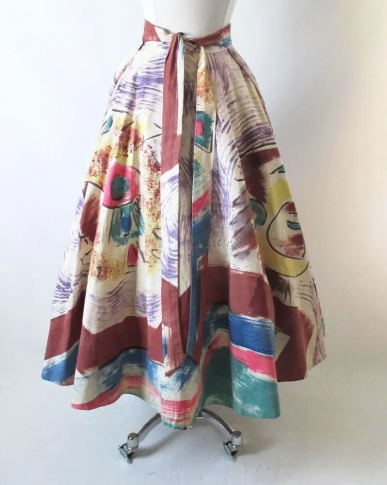 Vintage 50's Hand Painted Aztec Warrior Circle Souvenir Skirt M / L