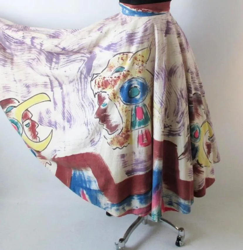 Vintage 50's Hand Painted Aztec Warrior Circle Souvenir Skirt M / L