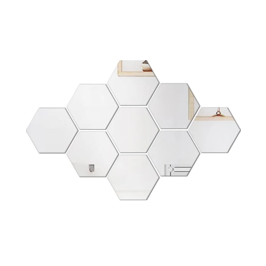 WallDaddy Self Adhesive Mirror Wall Stickers | Pack of (9 Hexagon Silver) 3D Acrylic Decorative Mirror Stickers, Mirror for Wall | Home | Bedroom | Bathroom | Kitchen | Festivals Decoration