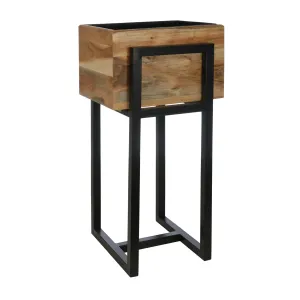 Wood 14" Square Planter On Metal Base, Brown/Black