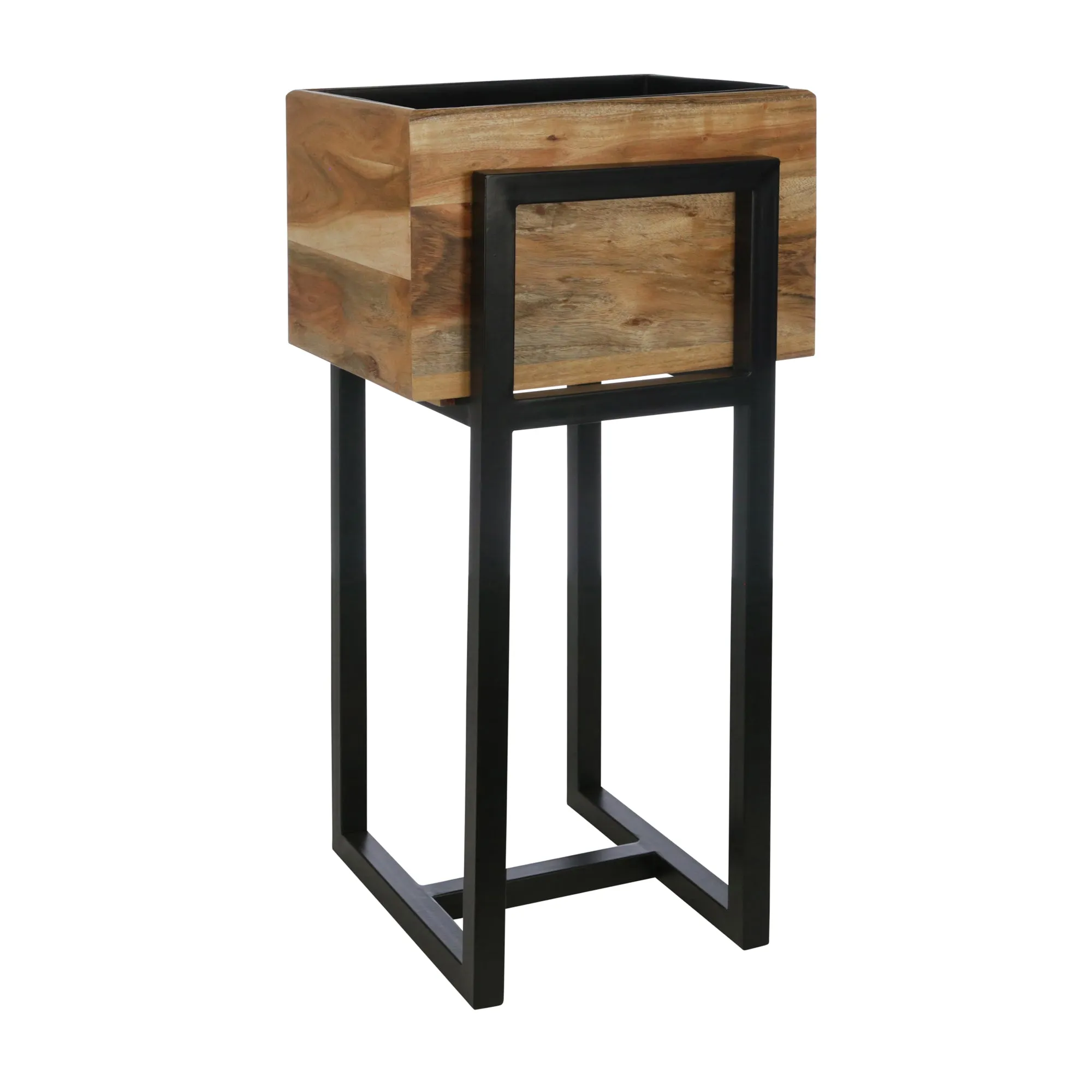 Wood 14" Square Planter On Metal Base, Brown/Black