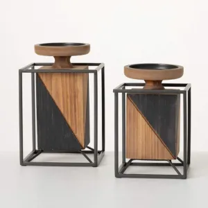 WOODEN BLOCK PILLAR HOLDERS
