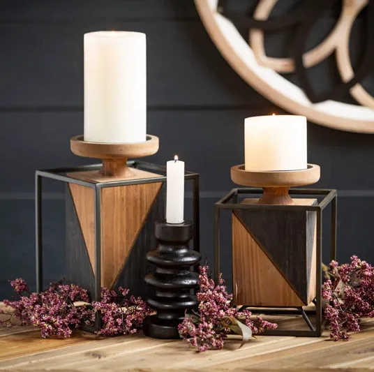 WOODEN BLOCK PILLAR HOLDERS