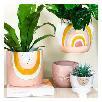 Woodstock Rainbow Stripe Hanging Planter - Large Pink/Mustard