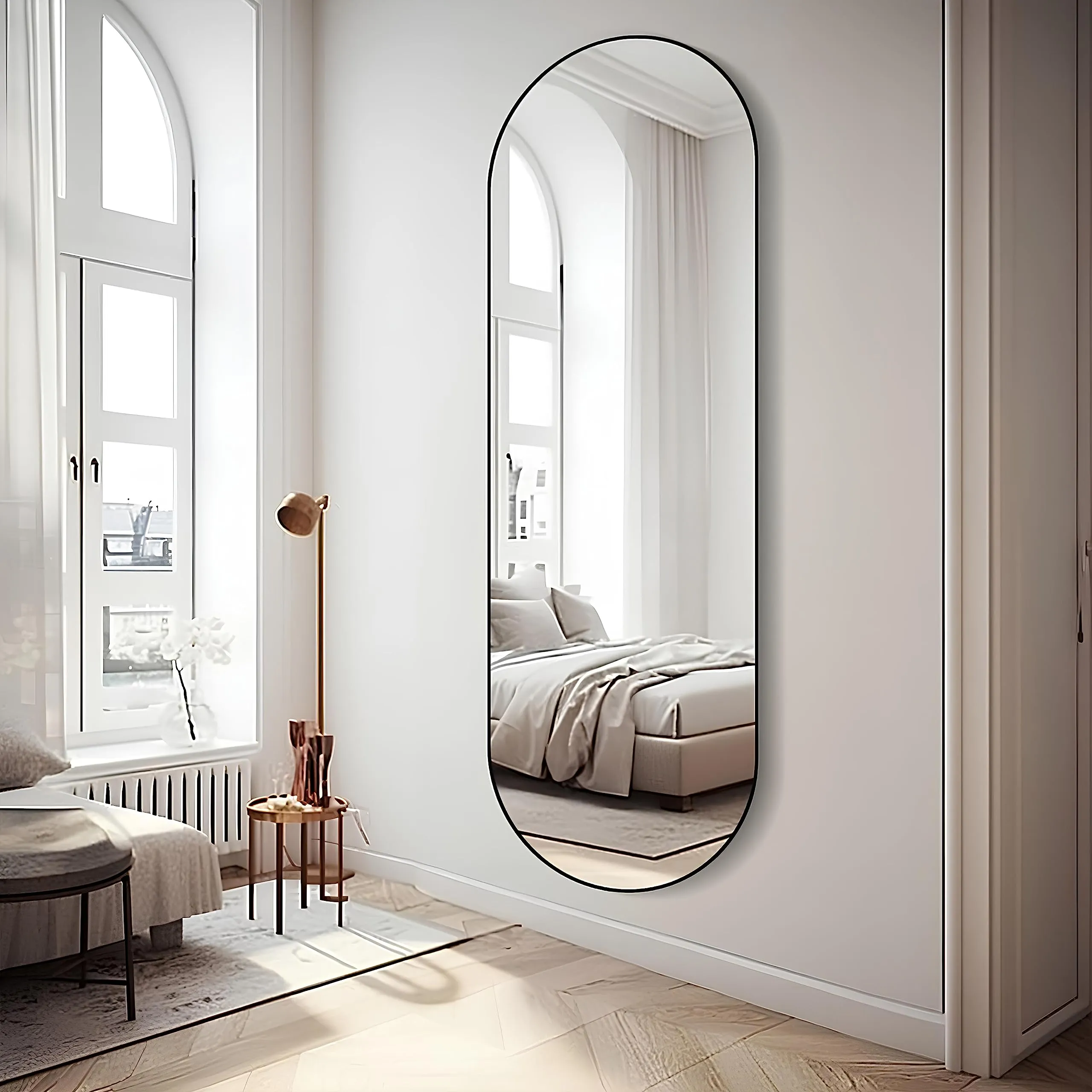 ZHUNFA 65"x 22" Oval Full Length Wall Mirror, Arched Top, Black